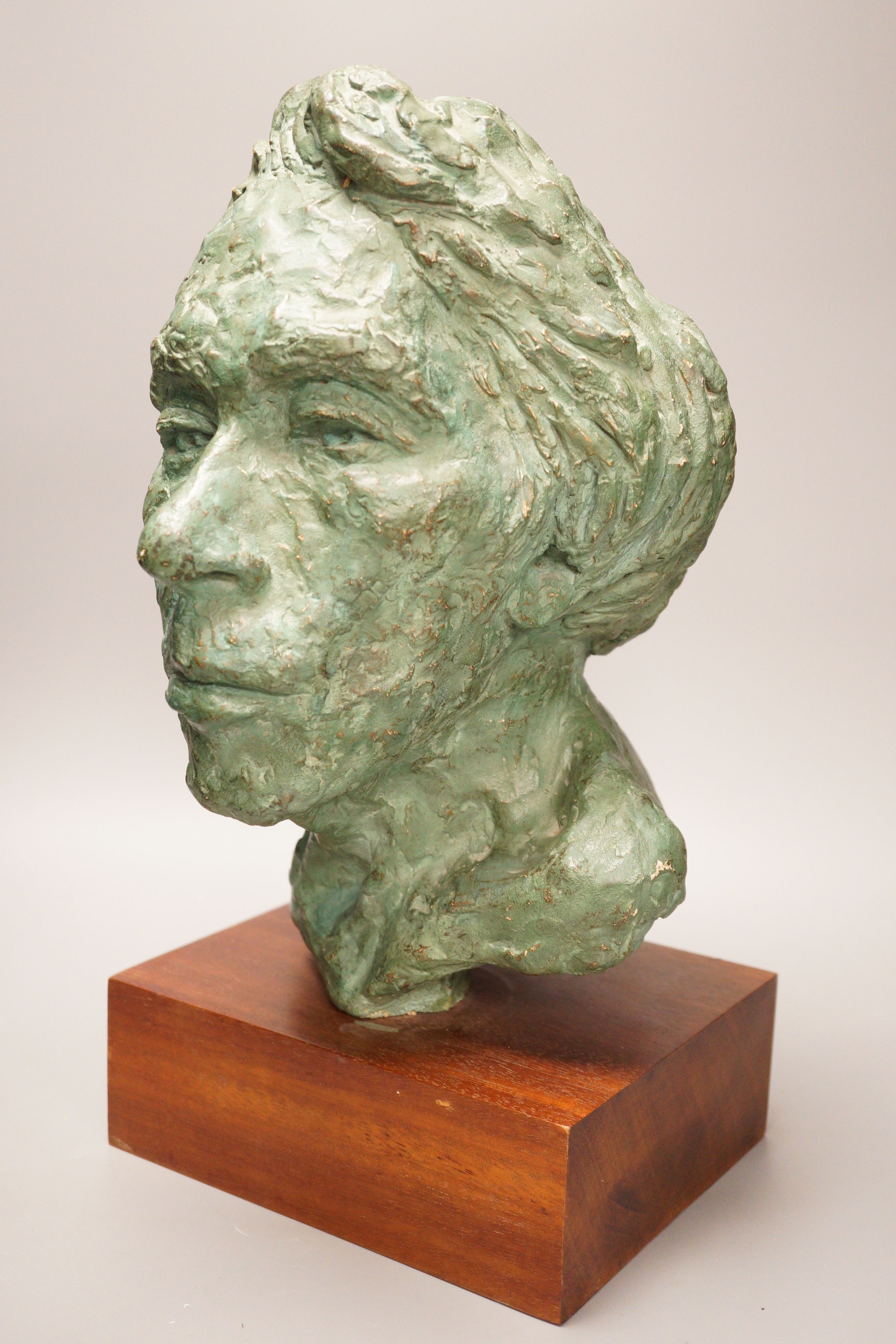 June Rolls, plaster bust of Larry Hodges on hardwood stand 42cm total height, Society of Portrait Sculptors 1978 exhibition at the Pall Mall Galleries label